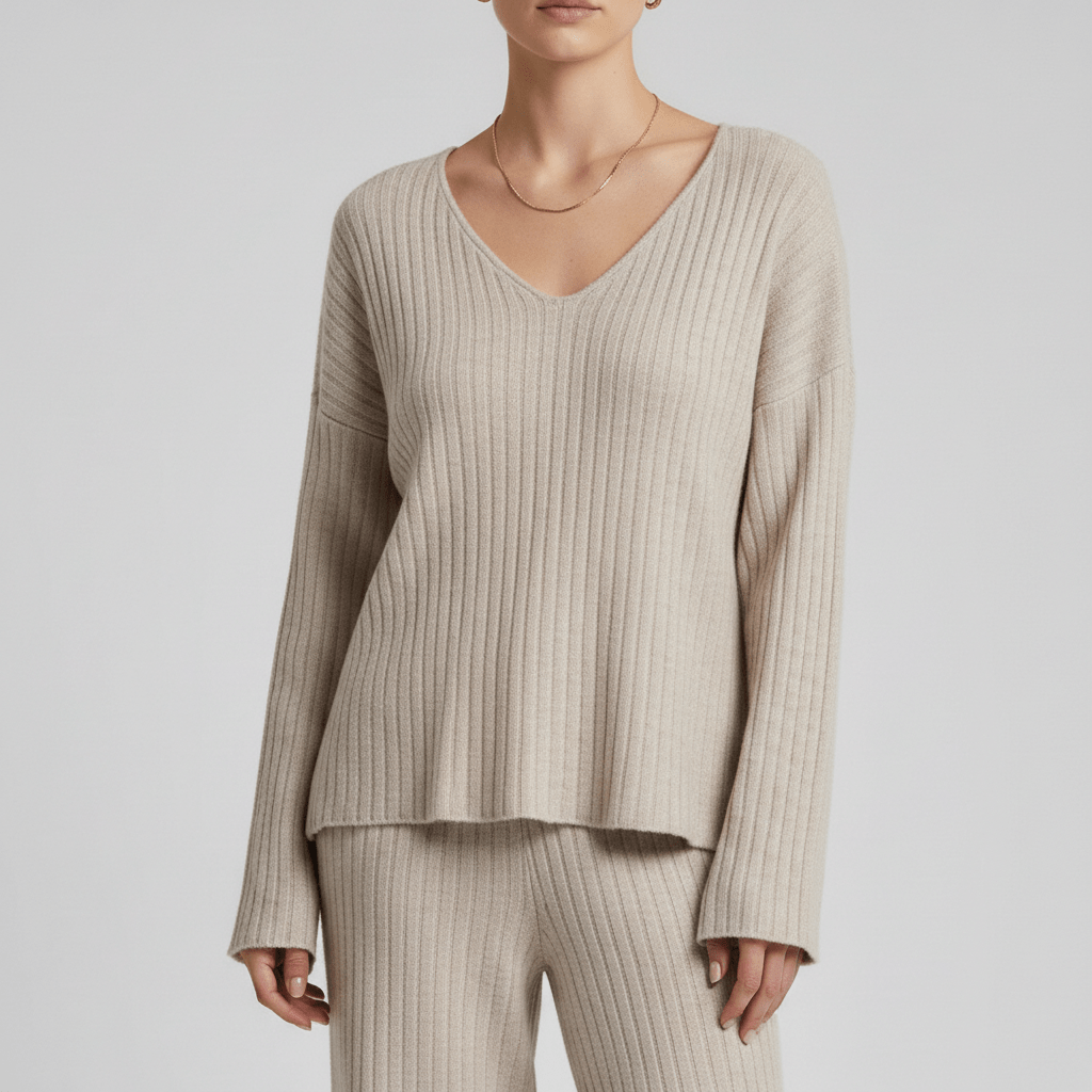 Philippa Two Piece Set Ribbed V-Neck Sweater and Wide-Leg Pants