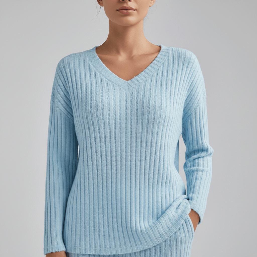 Philippa Two Piece Set Ribbed V-Neck Sweater and Wide-Leg Pants