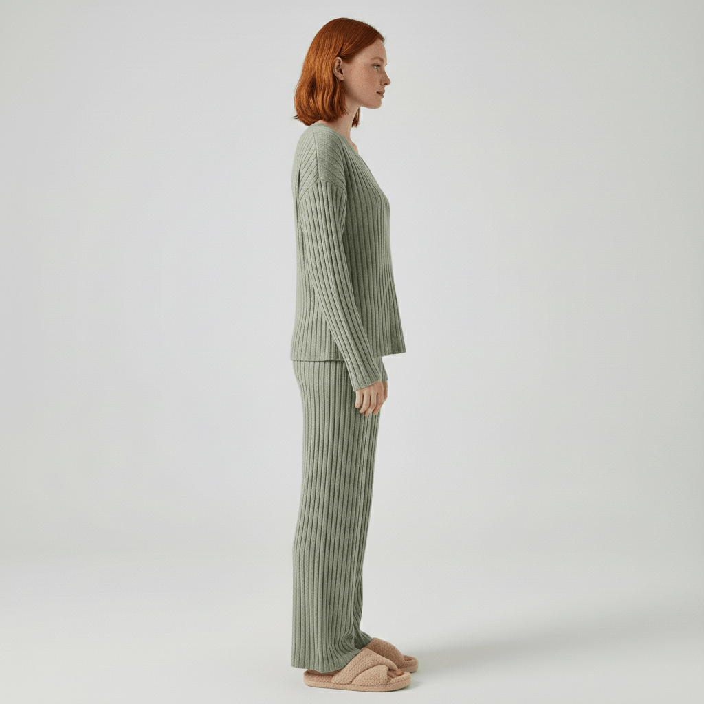 Philippa Two Piece Set Ribbed V-Neck Sweater and Wide-Leg Pants