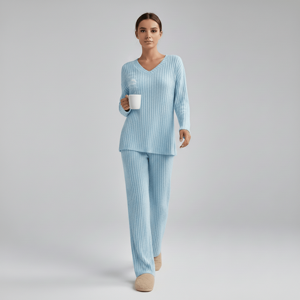 Philippa Two Piece Set Ribbed V-Neck Sweater and Wide-Leg Pants