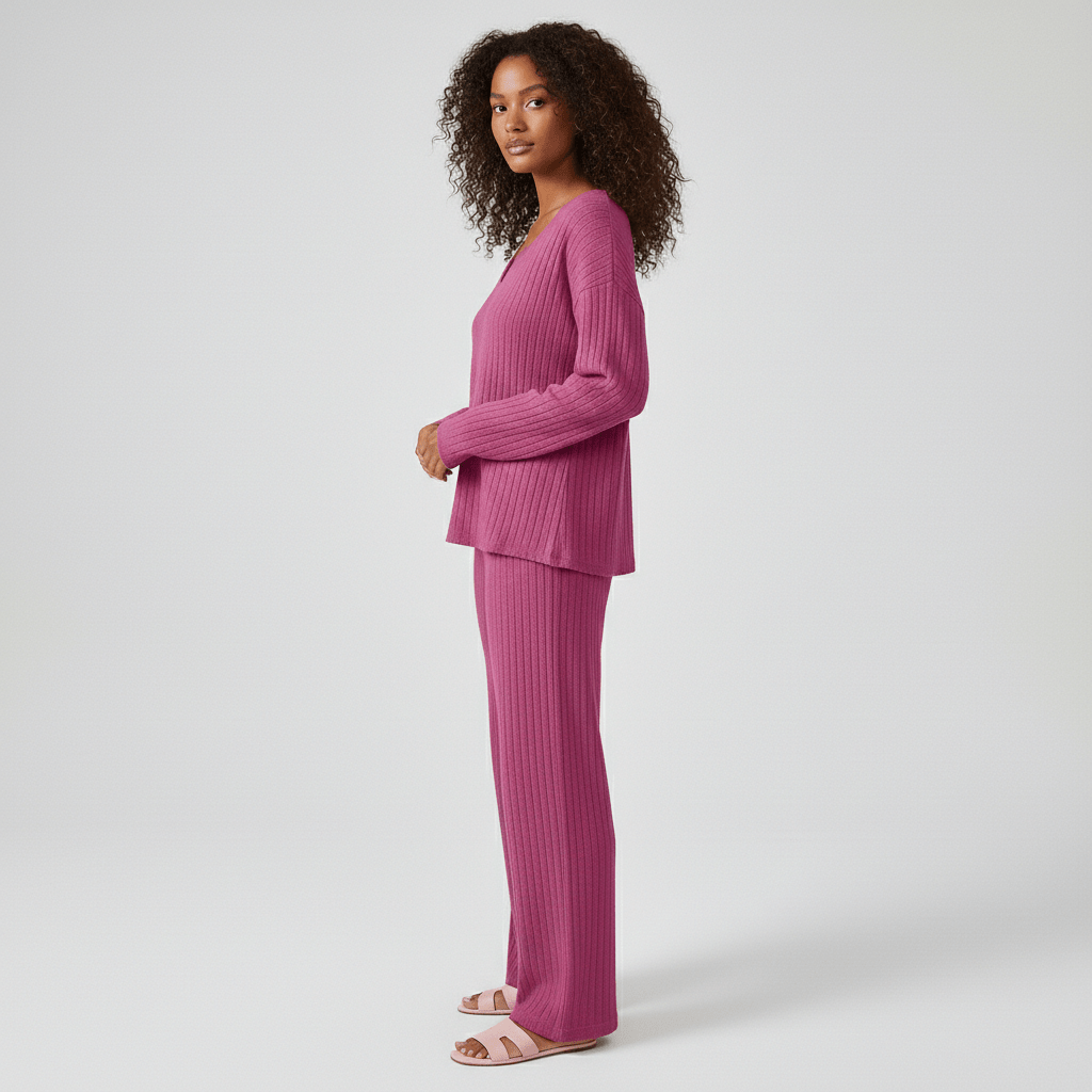 Philippa Two Piece Set Ribbed V-Neck Sweater and Wide-Leg Pants