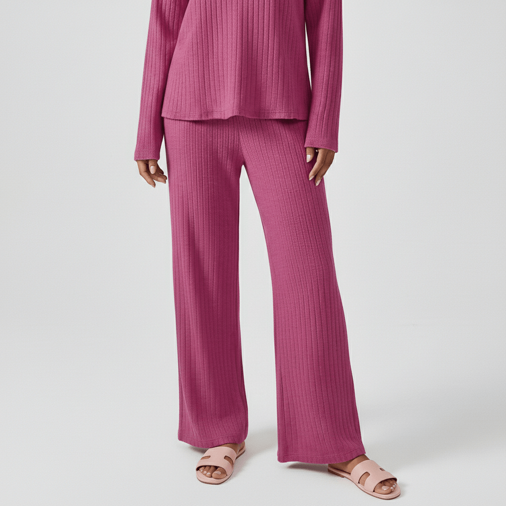 Philippa Two Piece Set Ribbed V-Neck Sweater and Wide-Leg Pants