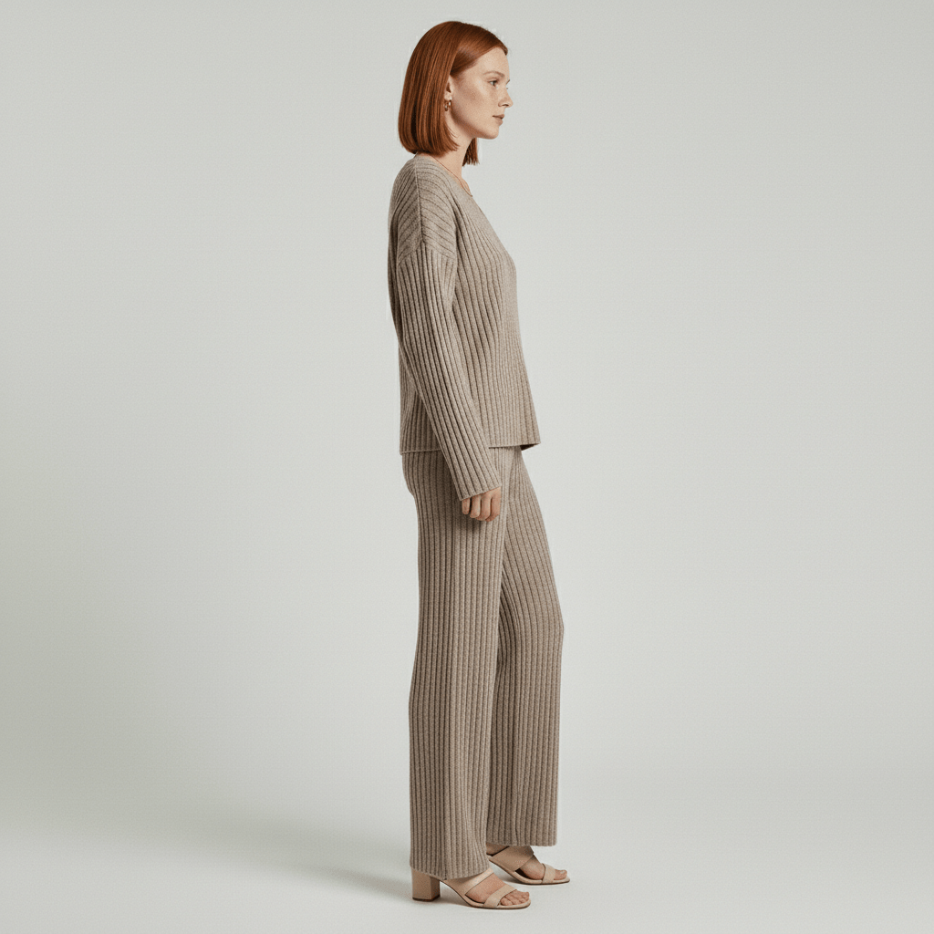 Philippa Two Piece Set Ribbed V-Neck Sweater and Wide-Leg Pants