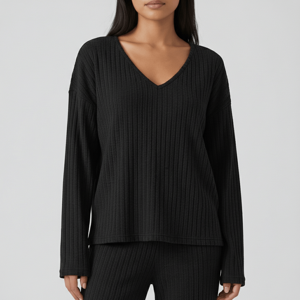 Philippa Two Piece Set Ribbed V-Neck Sweater and Wide-Leg Pants