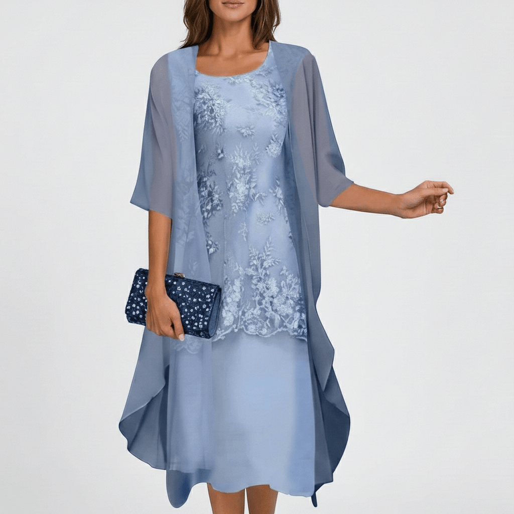 Phoenicia Two Piece Set Lace Dress and Sheer Chiffon Cardigan