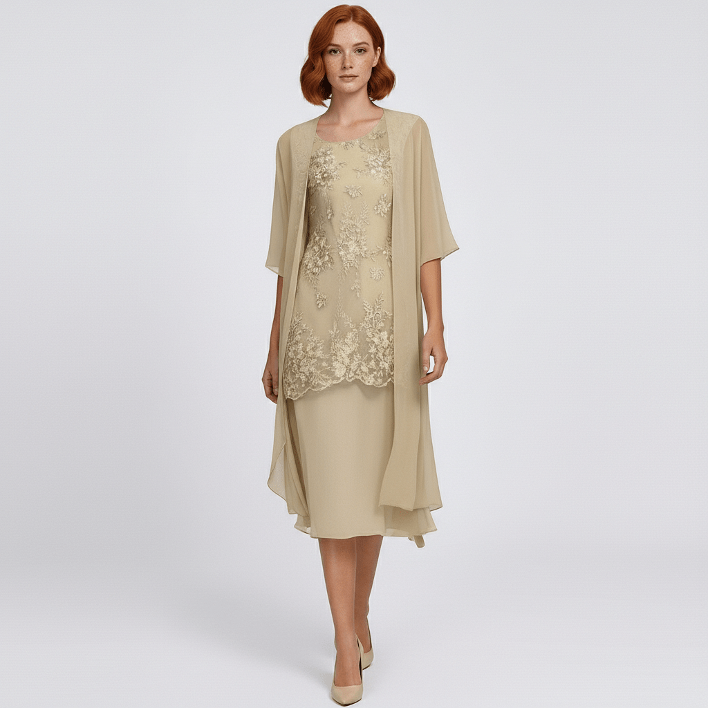 Phoenicia Two Piece Set Lace Dress and Sheer Chiffon Cardigan