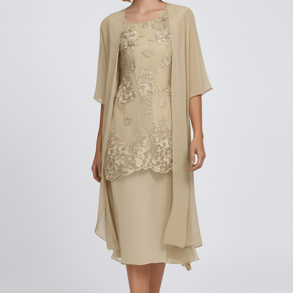 Phoenicia Two Piece Set Lace Dress and Sheer Chiffon Cardigan