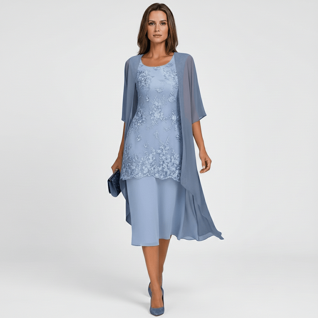 Phoenicia Two Piece Set Lace Dress and Sheer Chiffon Cardigan