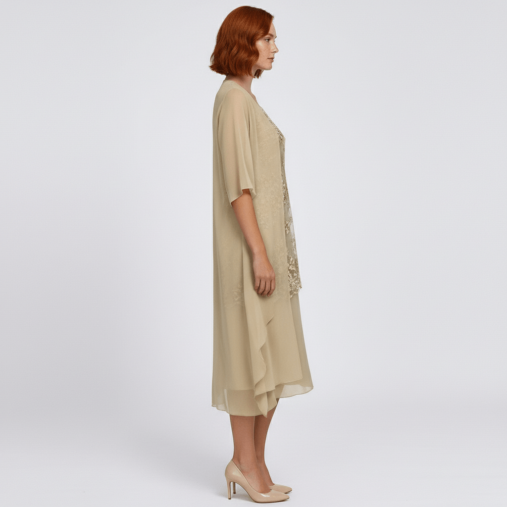 Phoenicia Two Piece Set Lace Dress and Sheer Chiffon Cardigan