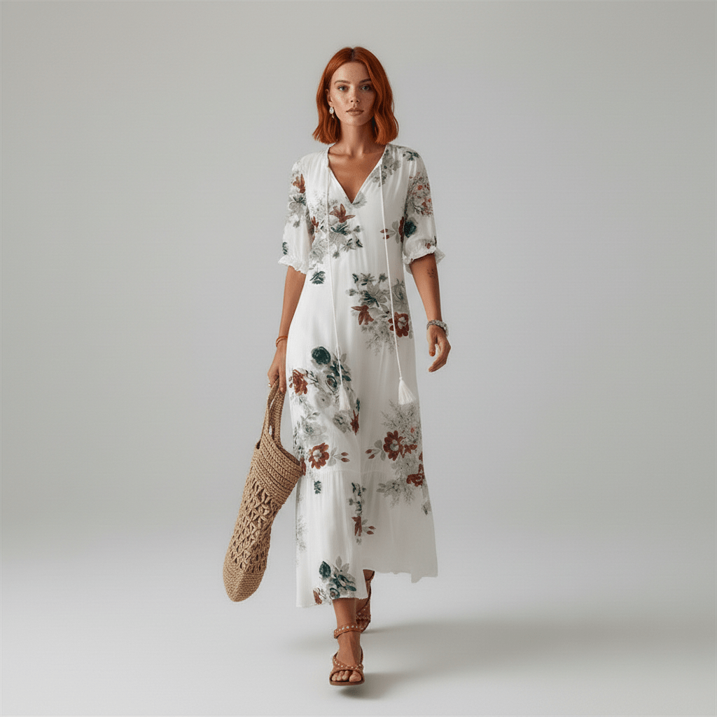 Prudence V-Neck Floral Maxi Dress for Women with Short Sleeves