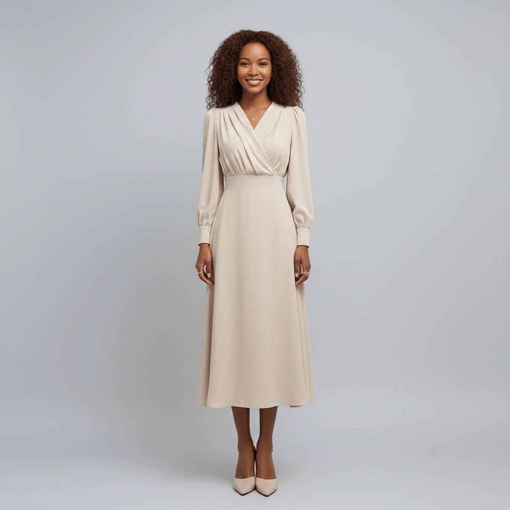 Queenie Long Sleeve V-Neck Midi Wedding Guest Dress