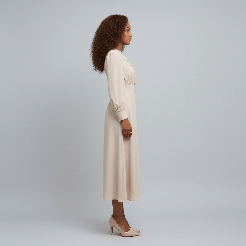 Queenie Long Sleeve V-Neck Midi Wedding Guest Dress