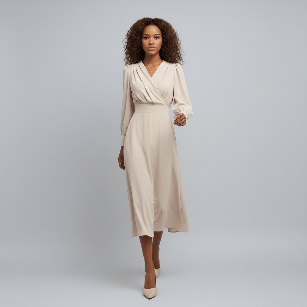 Queenie Long Sleeve V-Neck Midi Wedding Guest Dress