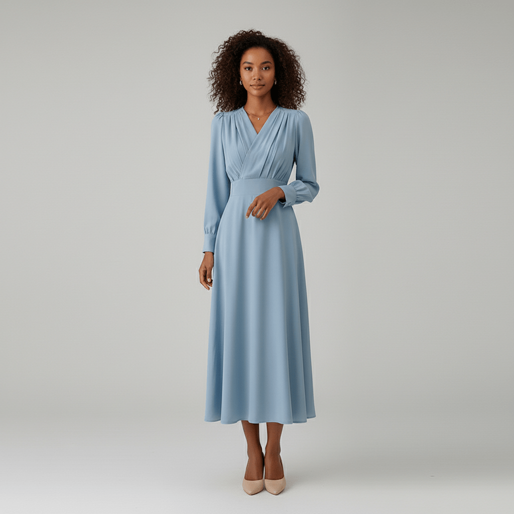 Queenie Long Sleeve V-Neck Midi Wedding Guest Dress