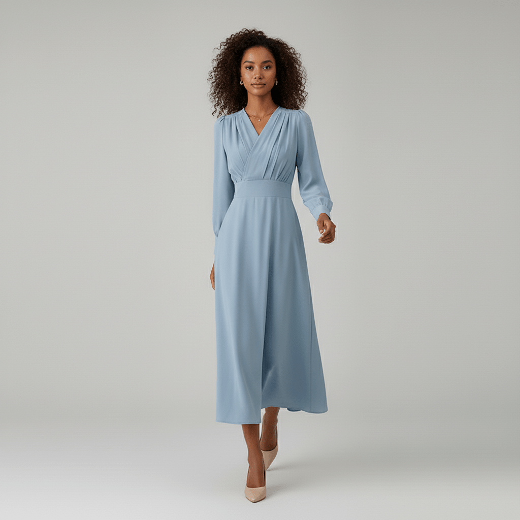 Queenie Long Sleeve V-Neck Midi Wedding Guest Dress