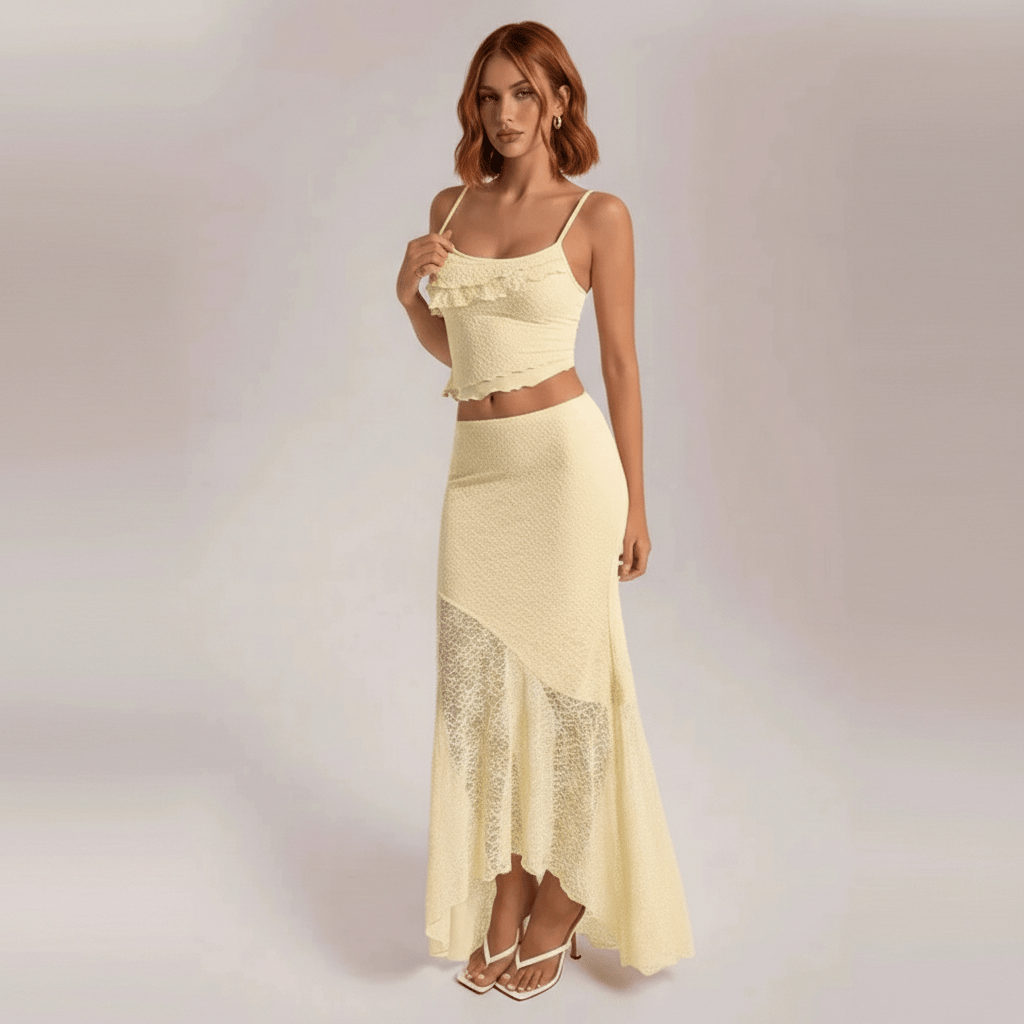 Raven Lace Maxi Yellow Summer Dress Two Piece Set with Asymmetric Hem