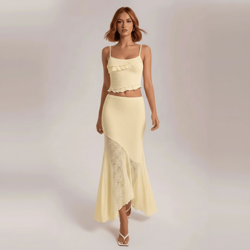 Raven Lace Maxi Yellow Summer Dress Two Piece Set with Asymmetric Hem