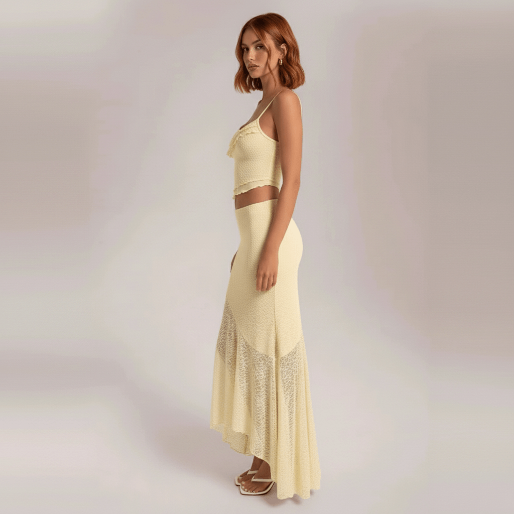 Raven Lace Maxi Yellow Summer Dress Two Piece Set with Asymmetric Hem