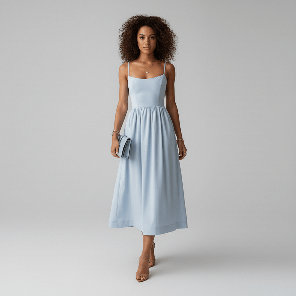 Remy Midi Dress with Spaghetti Straps and A-Line Skirt