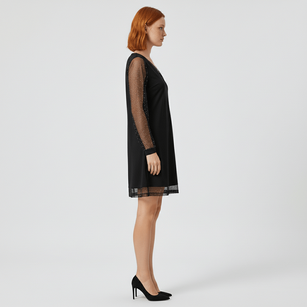 Riya V-Neck Cocktail Dress with Sheer Glitter Sleeves