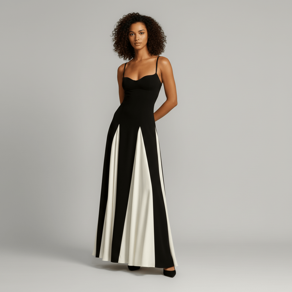 Sara Spaghetti Strap Sweetheart Neck Maxi Dress for Women in Black and White