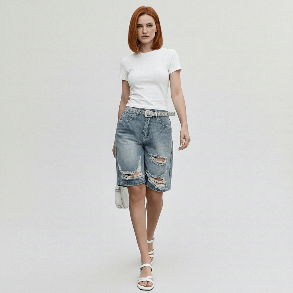 Valerie Knee Length Denim Shorts Relaxed Fit Mid Rise