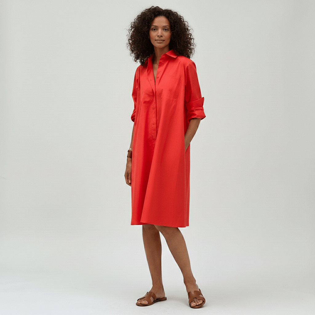 Violet Button Down Midi Shirt Dress with Collar and 3/4 Sleeves