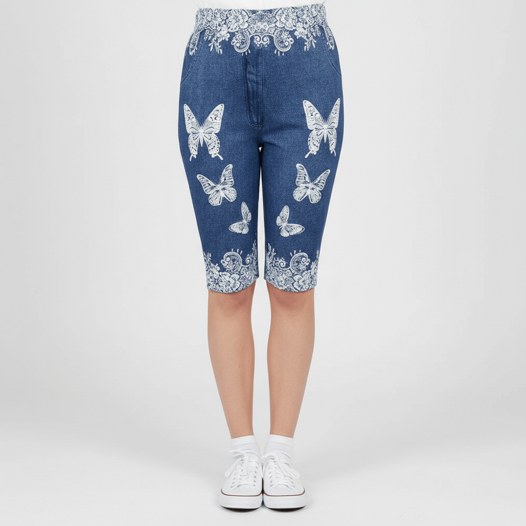 Viva High Waist Denim Biker Shorts Butterfly Print Lace Trim