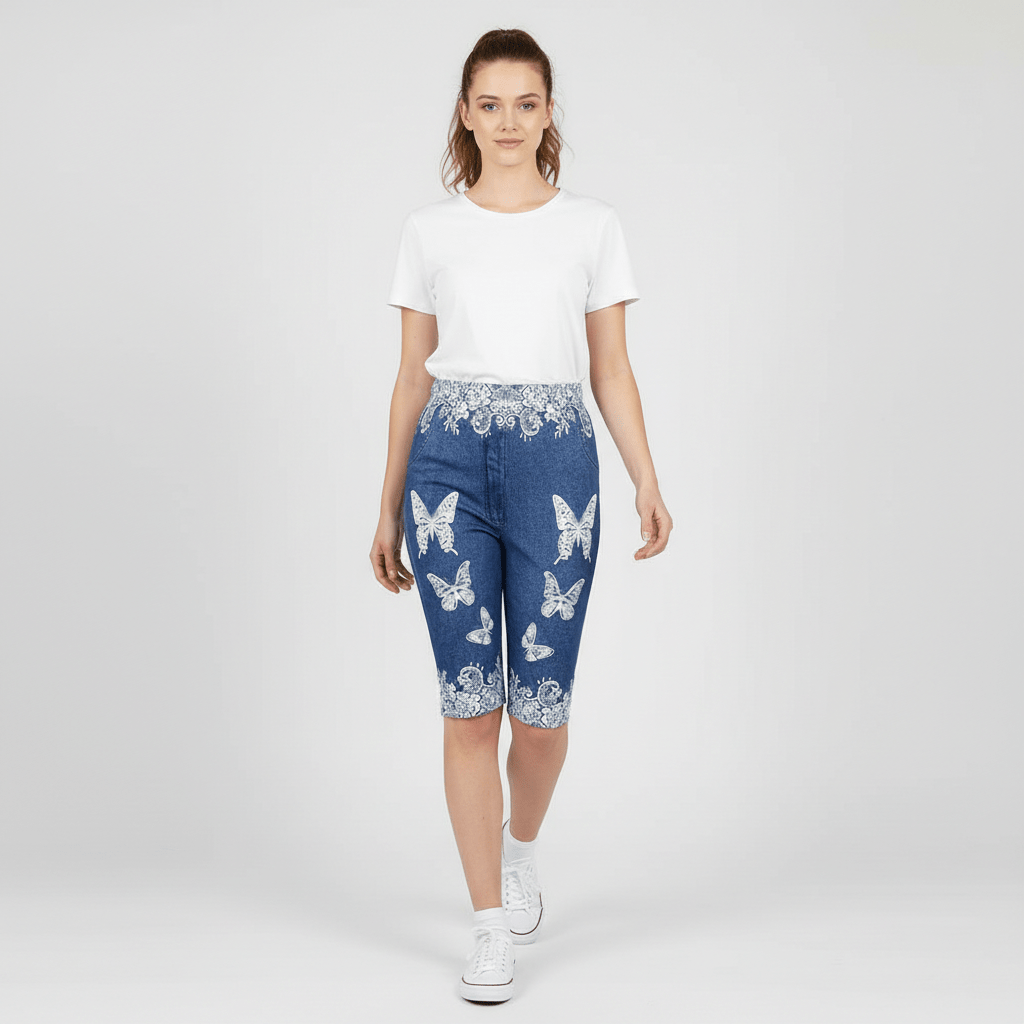 Viva High Waist Denim Biker Shorts Butterfly Print Lace Trim