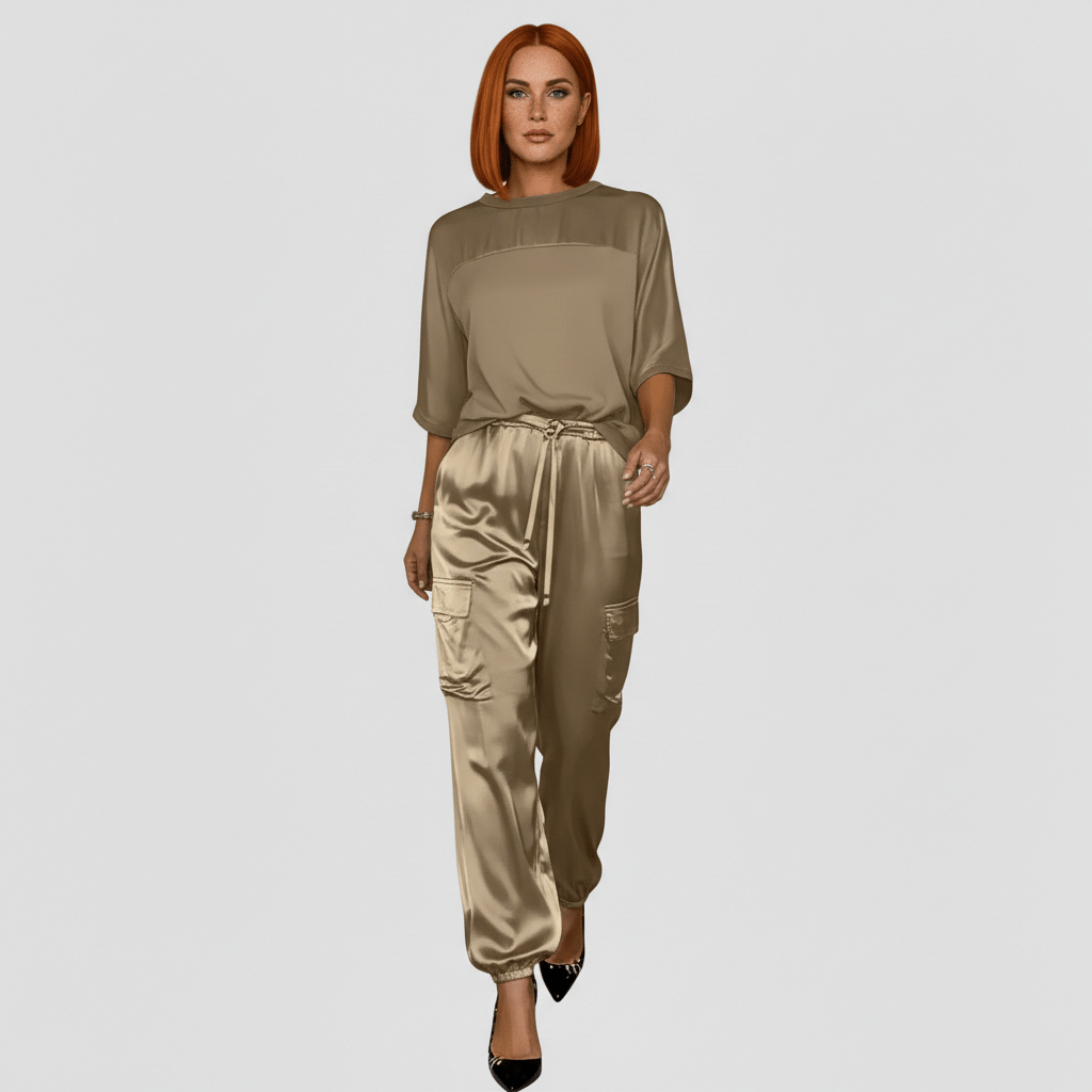 Wendy Two Piece Set Satin Top and Relaxed Cargo Pants
