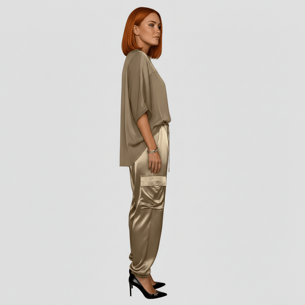 Wendy Two Piece Set Satin Top and Relaxed Cargo Pants