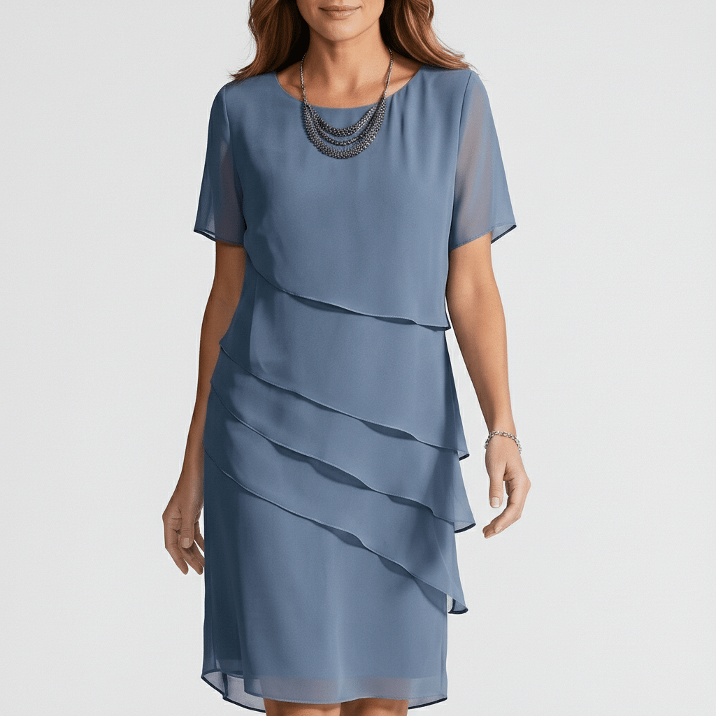 Willa Chiffon Short Sleeve Cocktail Dress with Layered Ruffle Design