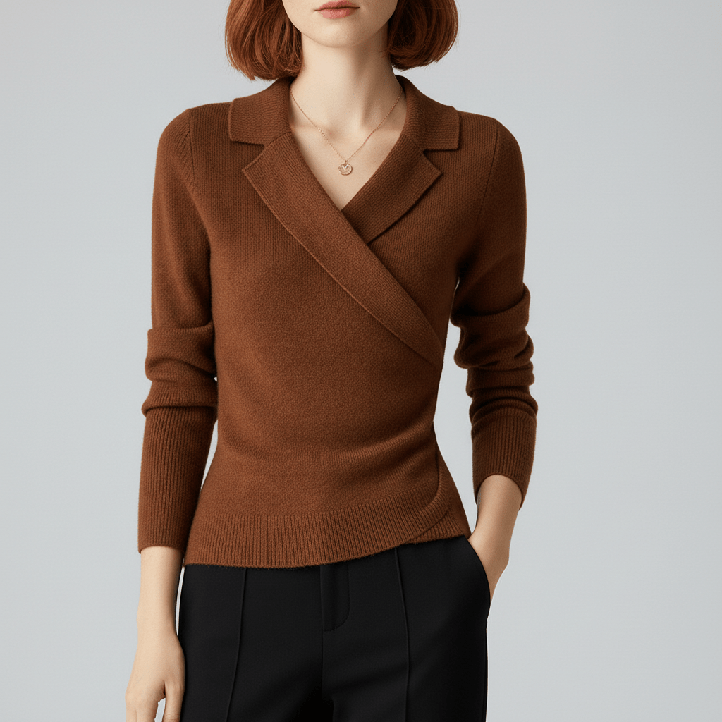 Women’s Draped V-Neck Brown Jumper with Tailored Collar