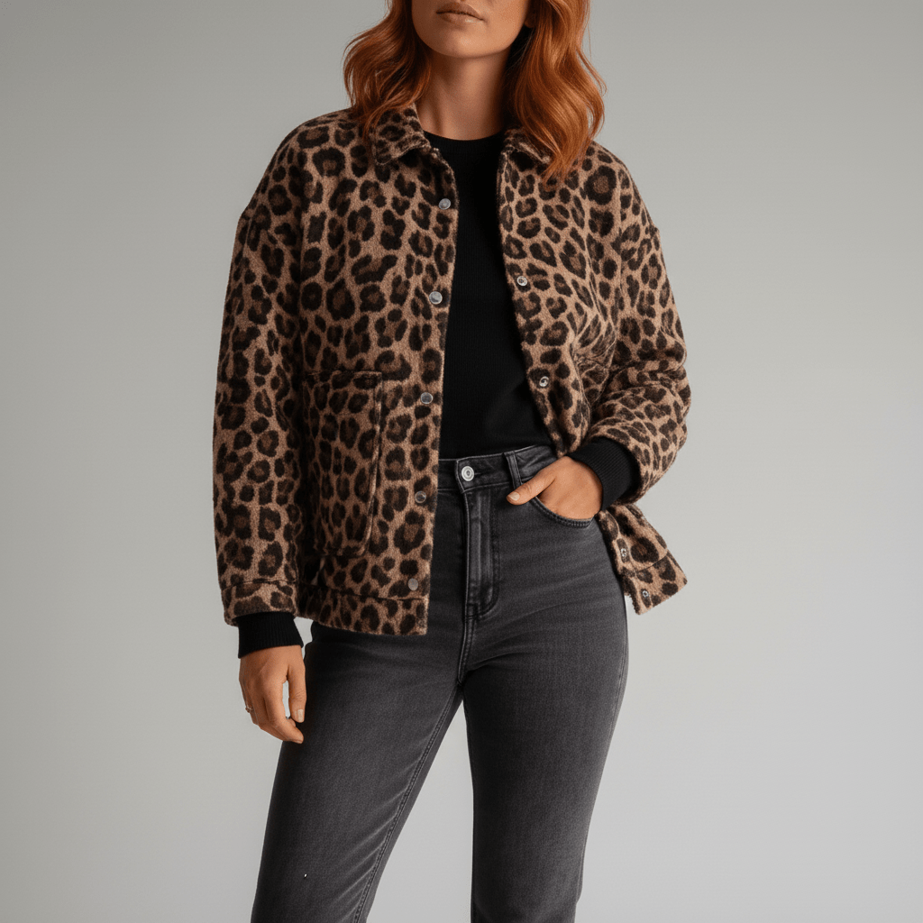 Women’s Leopard-Print Bomber Jacket with Snap Front