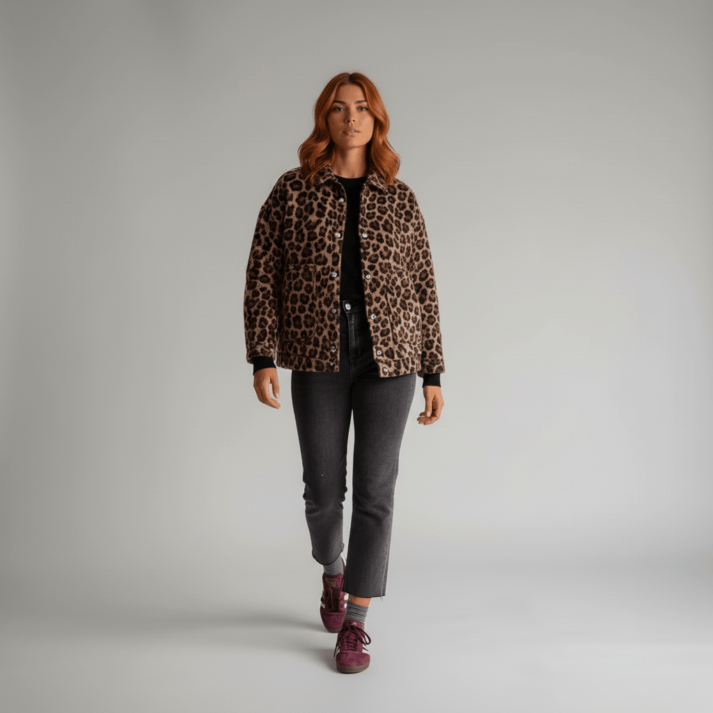 Women’s Leopard-Print Bomber Jacket with Snap Front