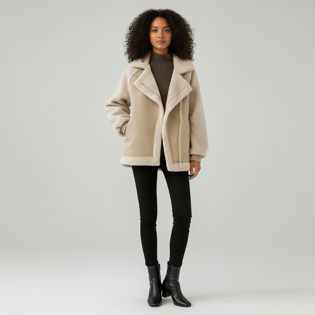 Women’s Suede Zip-Through Coat with Shearling Trim
