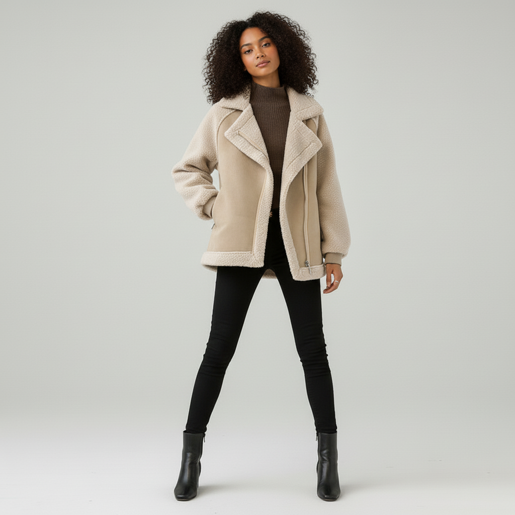 Women’s Suede Zip-Through Coat with Shearling Trim