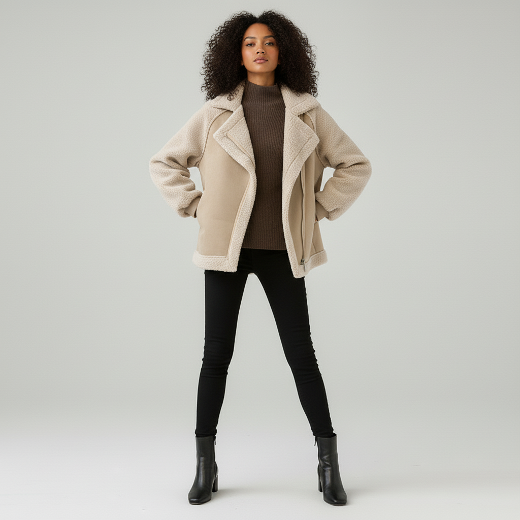 Women’s Suede Zip-Through Coat with Shearling Trim