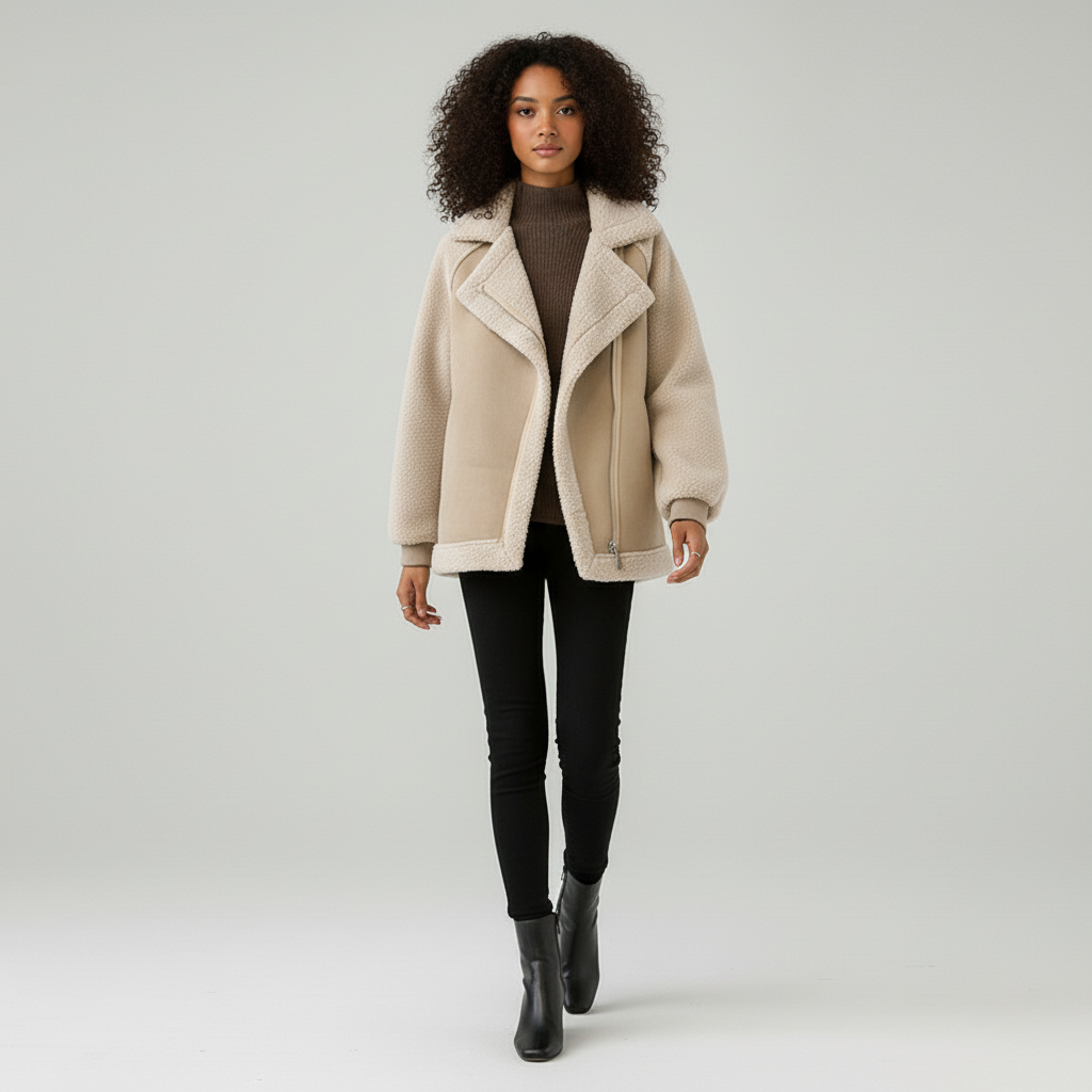 Women’s Suede Zip-Through Coat with Shearling Trim