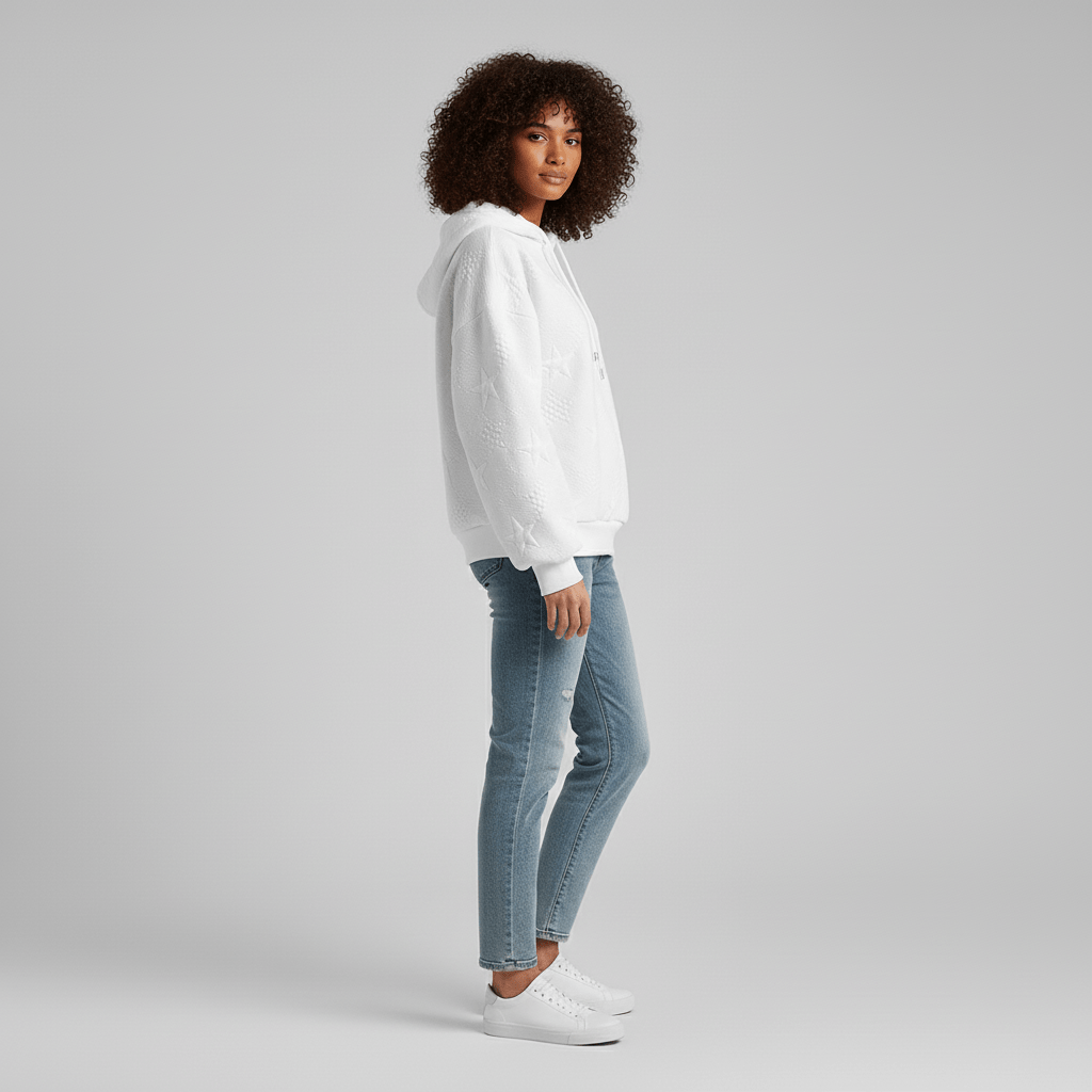 Women’s Velvety-Soft White Sweatshirt with Ribbed Details
