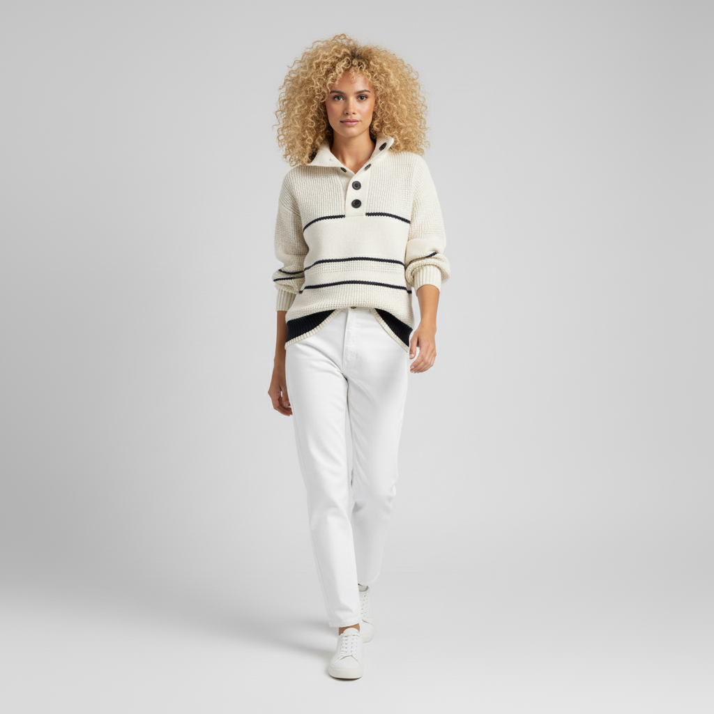 Women’s Regular Fit Open Collar White Sweater with Medium Stretch