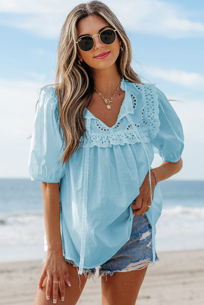 Lila Women’s Puff Sleeve Blouse – Embroidered Lace Tie Neck Top-5