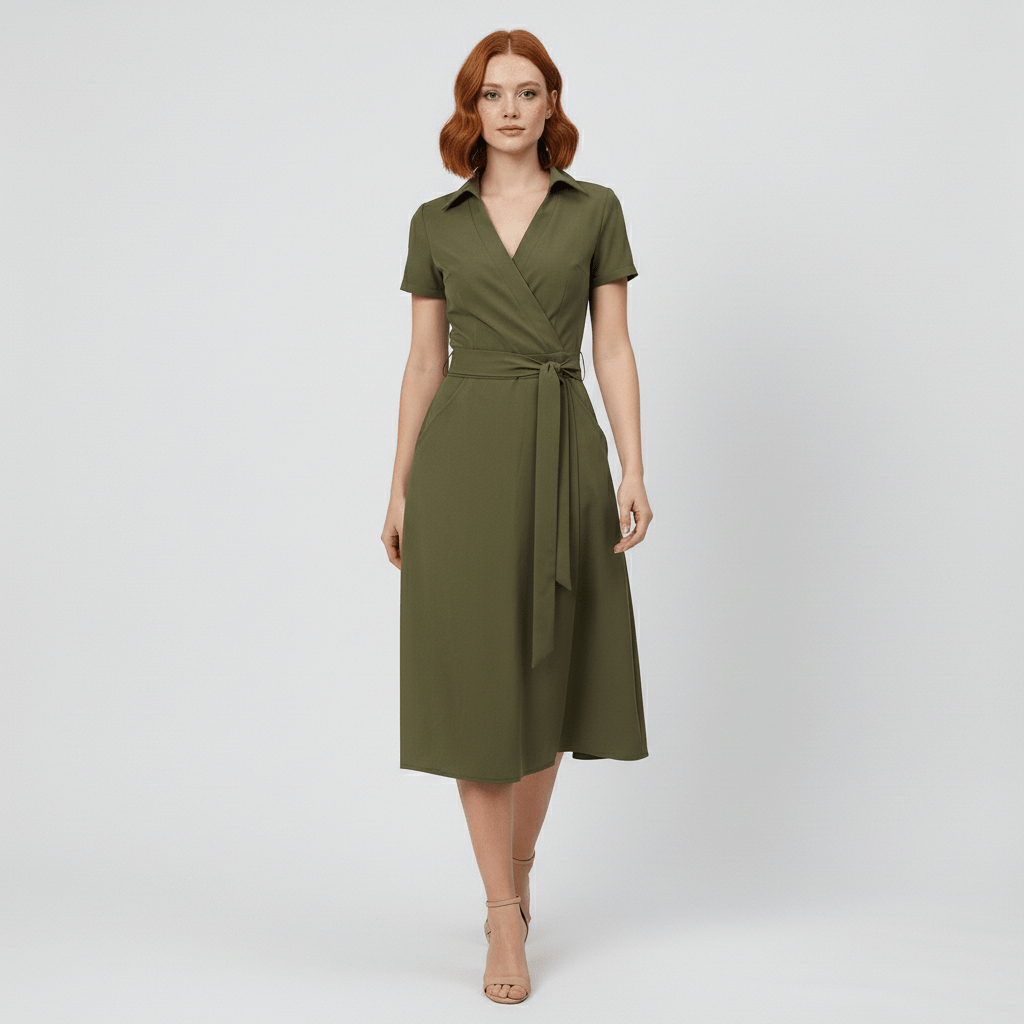 Ada V-Neck Midi Dress with Short Sleeves and Waist Tie
