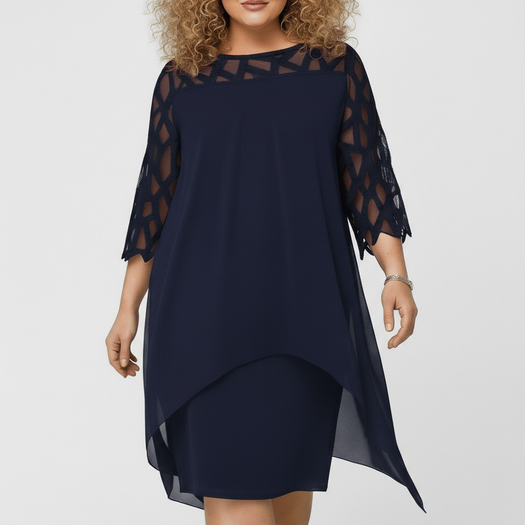 Amanda Plus Size Midi Dress with Mesh Panel Sleeves and Layered Hem