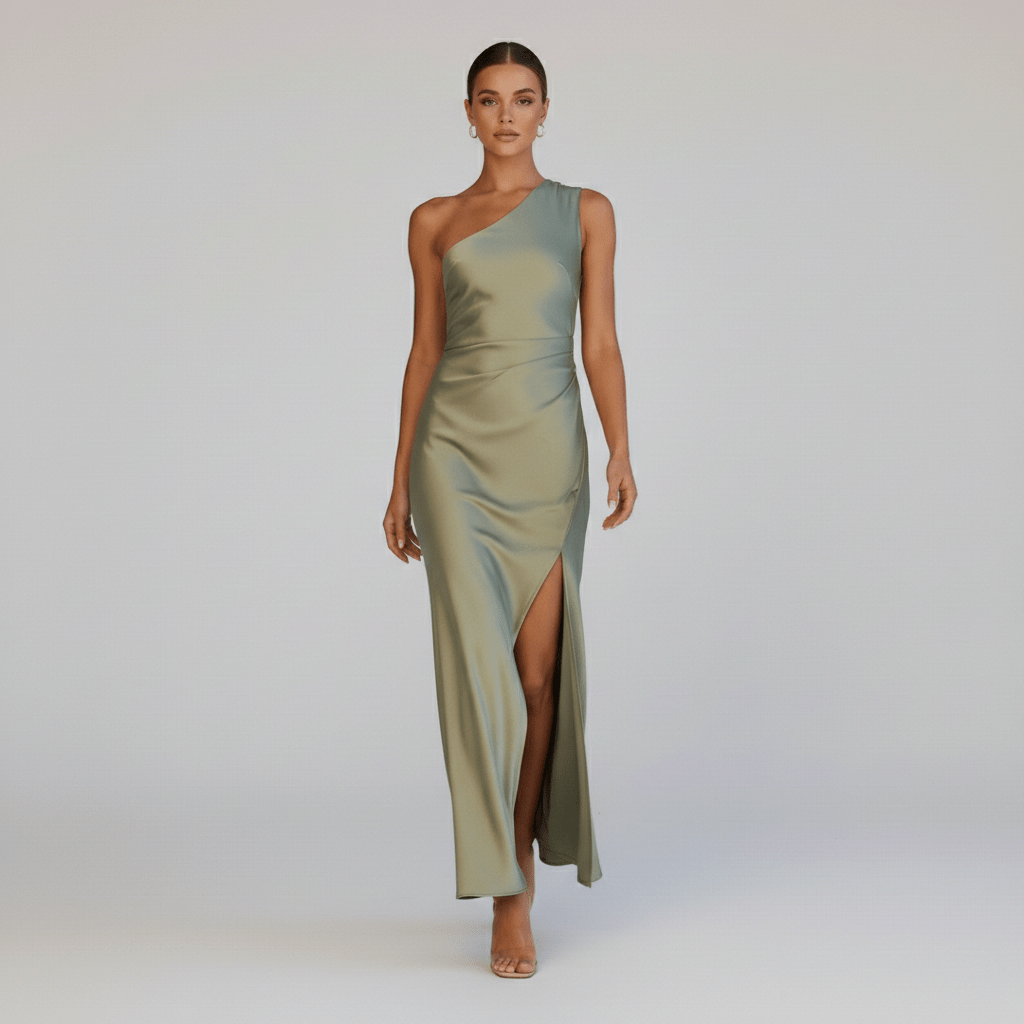Bridget One Shoulder Green Wedding Guest Dress with Side Split Maxi Length