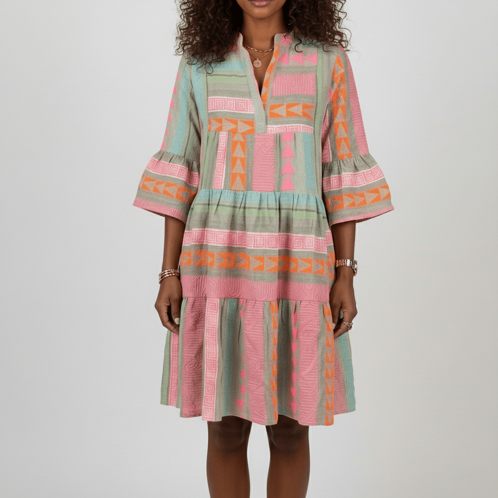 Briella Printed Midi Dress with Tiered Skirt and 3/4 Sleeves