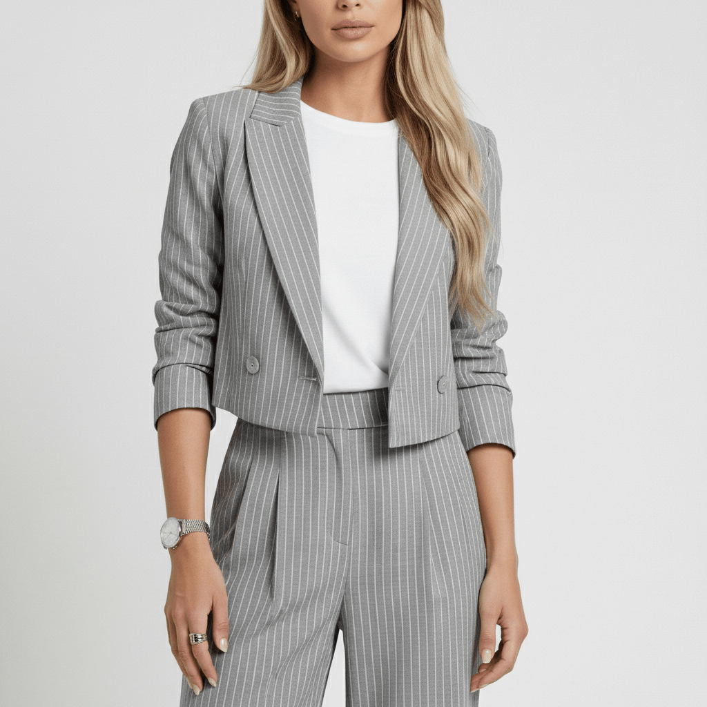 Callie Two Piece Set Cropped Blazer and Wide Leg Pinstripe Pants