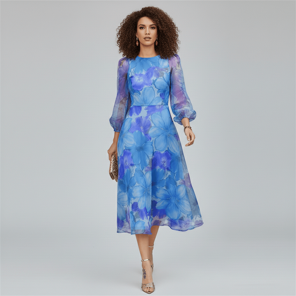 Darla Floral Midi Wedding Guest Dress with Long Sheer Sleeves