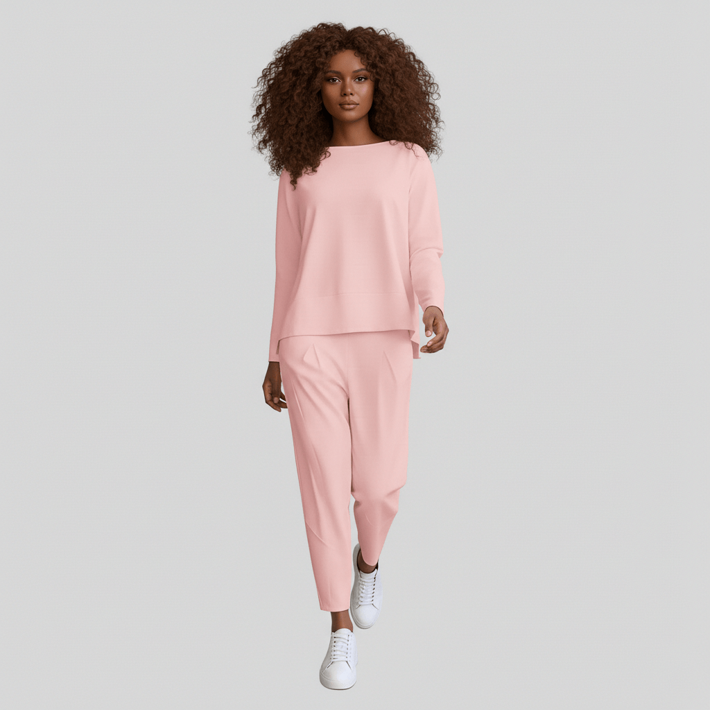 Delphine Two Piece Set Round Neck Top and Relaxed Fit Pants