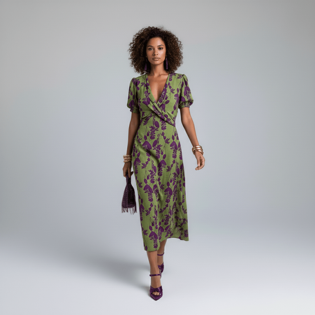 Elodie Midi Dress with Twist Front Waist and Puff Sleeves